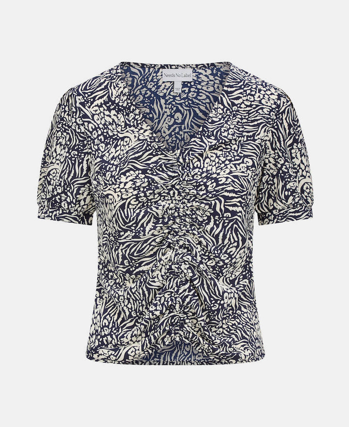 Navy Animal Printed Ruched Top